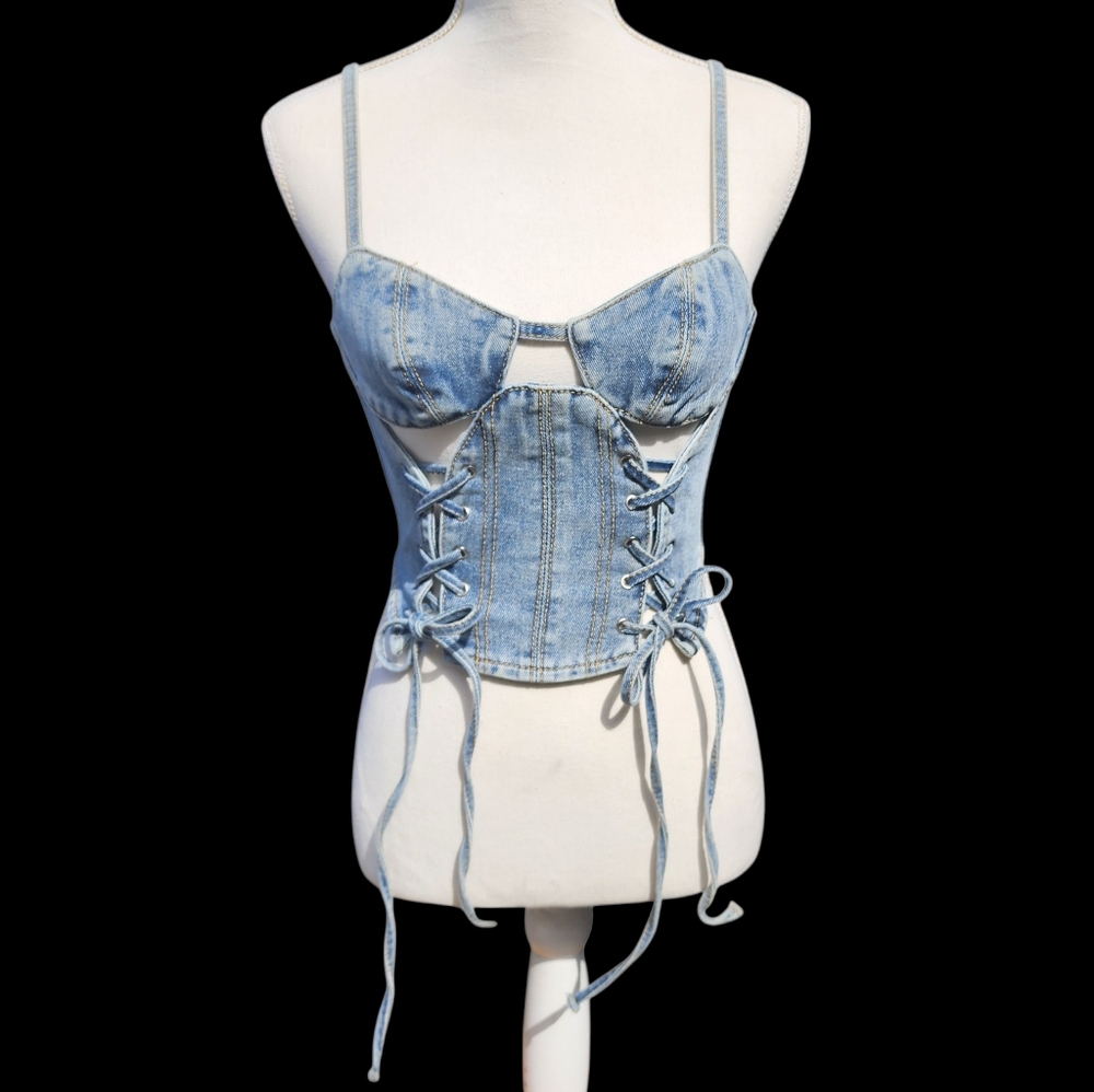 PrettyLittleThing Light Blue Wash Denim Lace Up Corset Top Petite XS - Picture 5 of 8